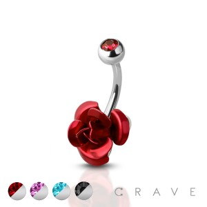 316L SURGICAL STEEL BRIGHT METAL ROSE BLOSSOM BELLY BUTTON RING 